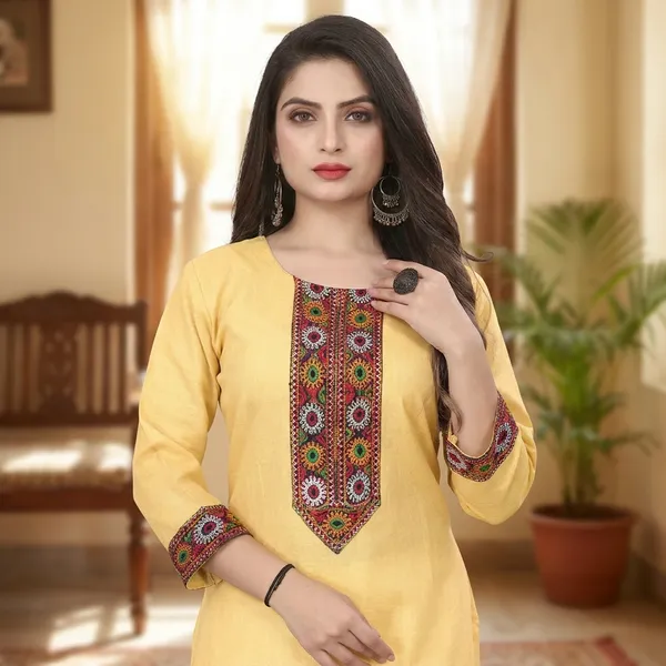 Hf_Holyday_Fashion_Cotton_Silk_Plain_Straight_Embroidered_Patch_Work_Kurta_For_Women