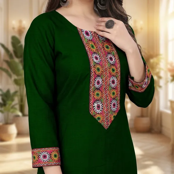 Hf_Holyday_Fashion_Cotton_Silk_Plain_Straight_Embroidered_Patch_Work_Kurta_For_Women