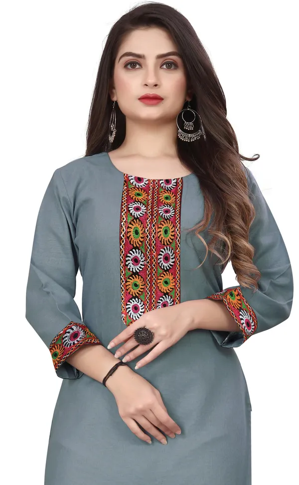 Hf_Holyday_Fashion_Cotton_Silk_Plain_Straight_Embroidered_Patch_Work_Kurta_For_Women