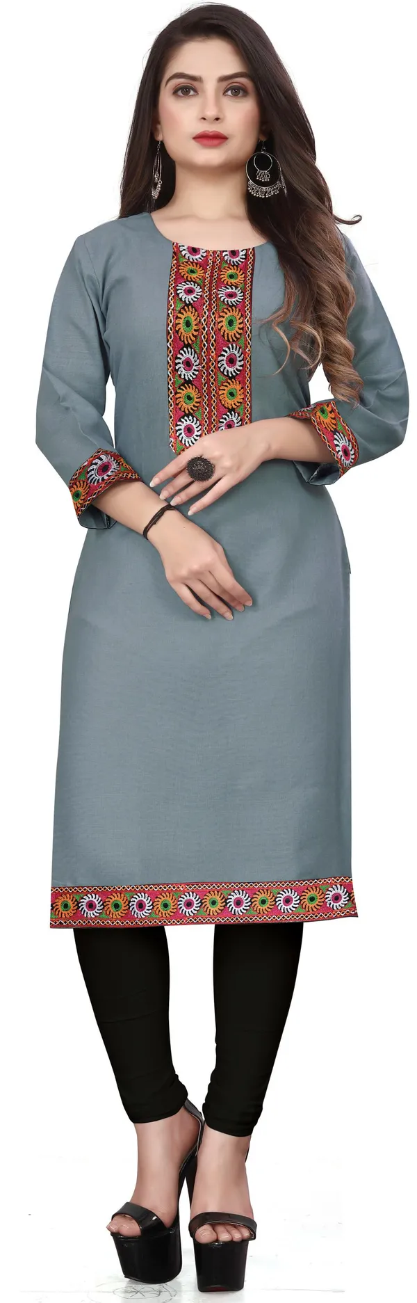Hf_Holyday_Fashion_Cotton_Silk_Plain_Straight_Embroidered_Patch_Work_Kurta_For_Women