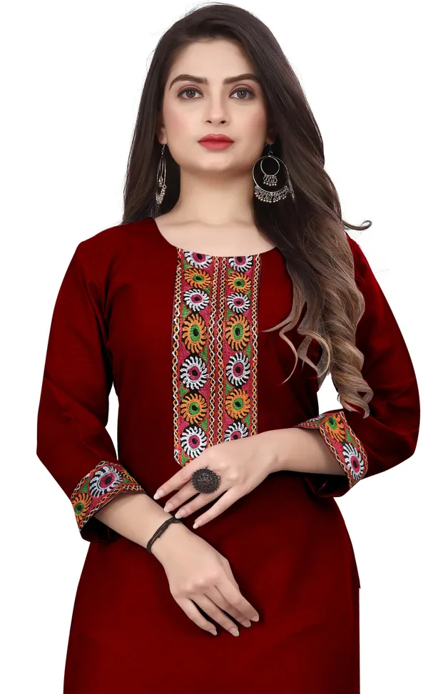Hf_Holyday_Fashion_Cotton_Silk_Plain_Straight_Embroidered_Patch_Work_Kurta_For_Women