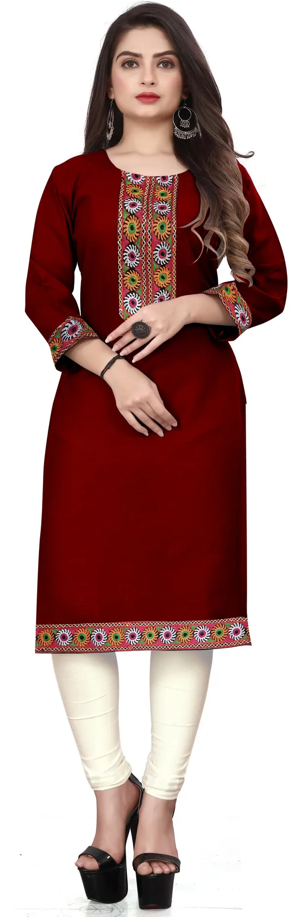 Hf_Holyday_Fashion_Cotton_Silk_Plain_Straight_Embroidered_Patch_Work_Kurta_For_Women