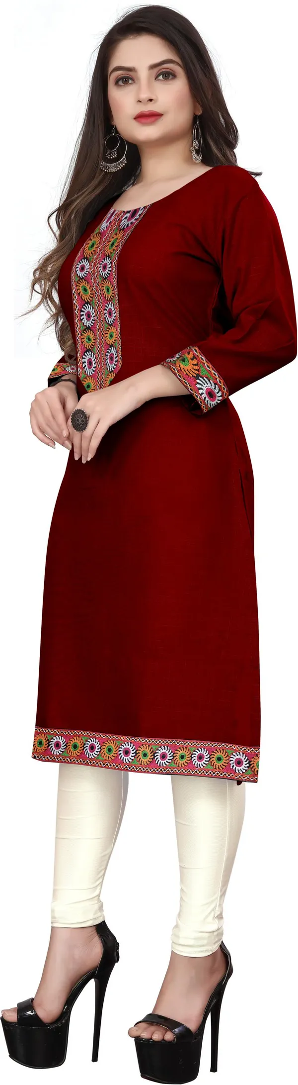 Hf_Holyday_Fashion_Cotton_Silk_Plain_Straight_Embroidered_Patch_Work_Kurta_For_Women
