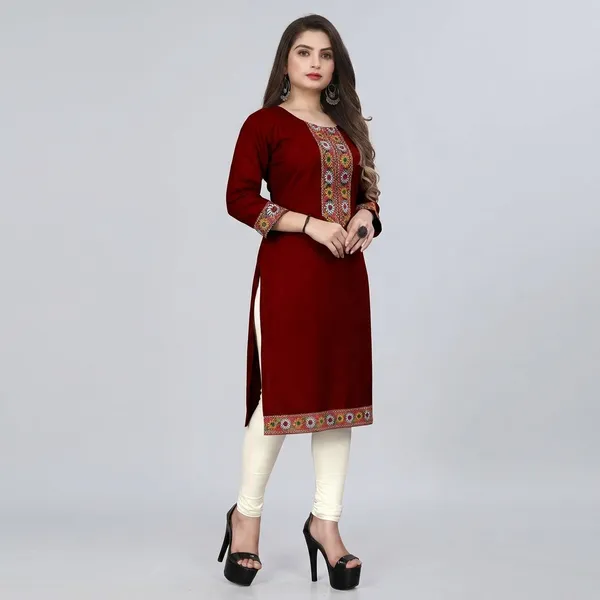 Hf_Holyday_Fashion_Cotton_Silk_Plain_Straight_Embroidered_Patch_Work_Kurta_For_Women