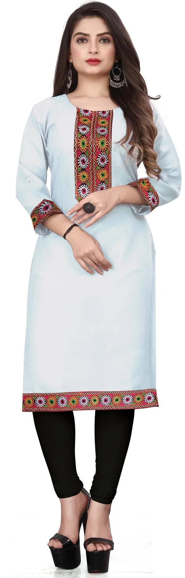 Hf_Holyday_Fashion_Cotton_Silk_Plain_Straight_Embroidered_Patch_Work_Kurta_For_Women