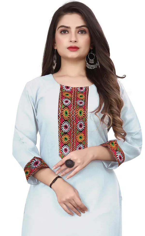Hf_Holyday_Fashion_Cotton_Silk_Plain_Straight_Embroidered_Patch_Work_Kurta_For_Women