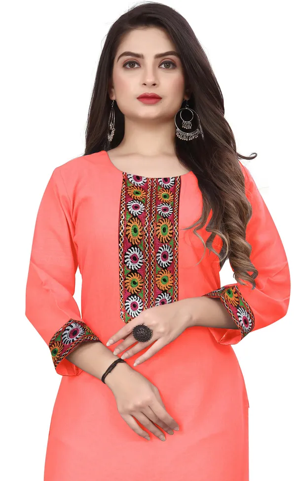 Hf_Holyday_Fashion_Cotton_Silk_Plain_Straight_Embroidered_Patch_Work_Kurta_For_Women