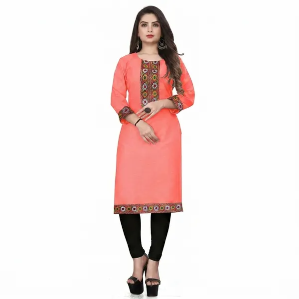 Hf_Holyday_Fashion_Cotton_Silk_Plain_Straight_Embroidered_Patch_Work_Kurta_For_Women