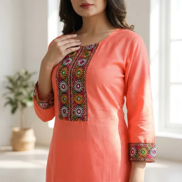 Hf_Holyday_Fashion_Cotton_Silk_Plain_Straight_Embroidered_Patch_Work_Kurta_For_Women
