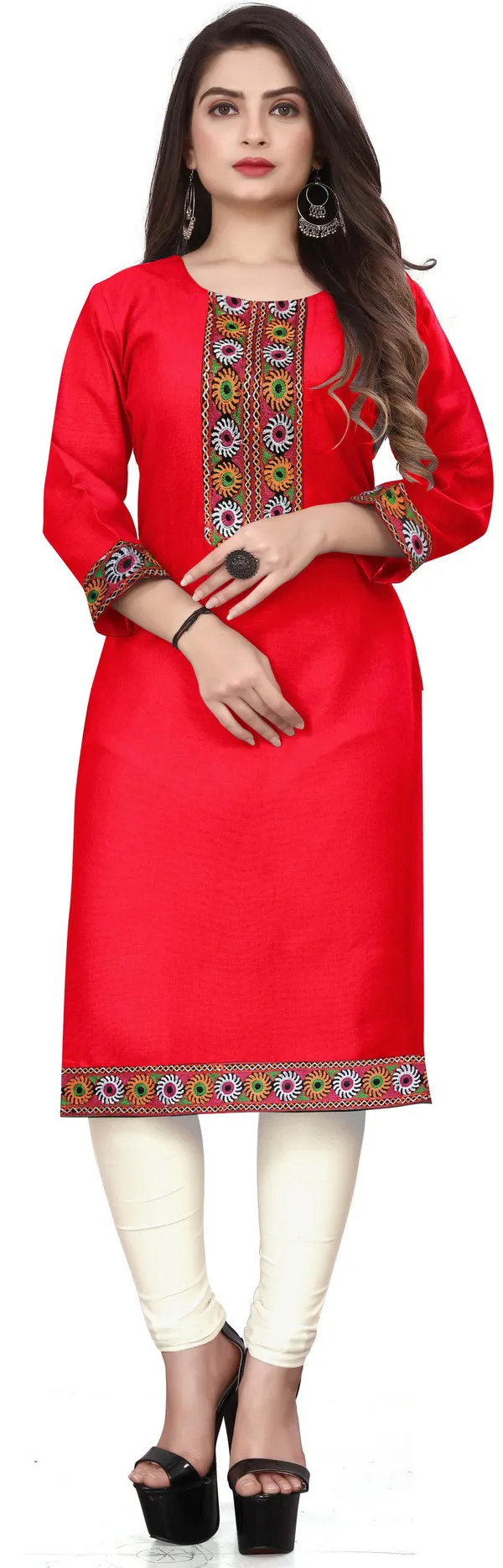 Hf_Holyday_Fashion_Cotton_Silk_Plain_Straight_Embroidered_Patch_Work_Kurta_For_Women
