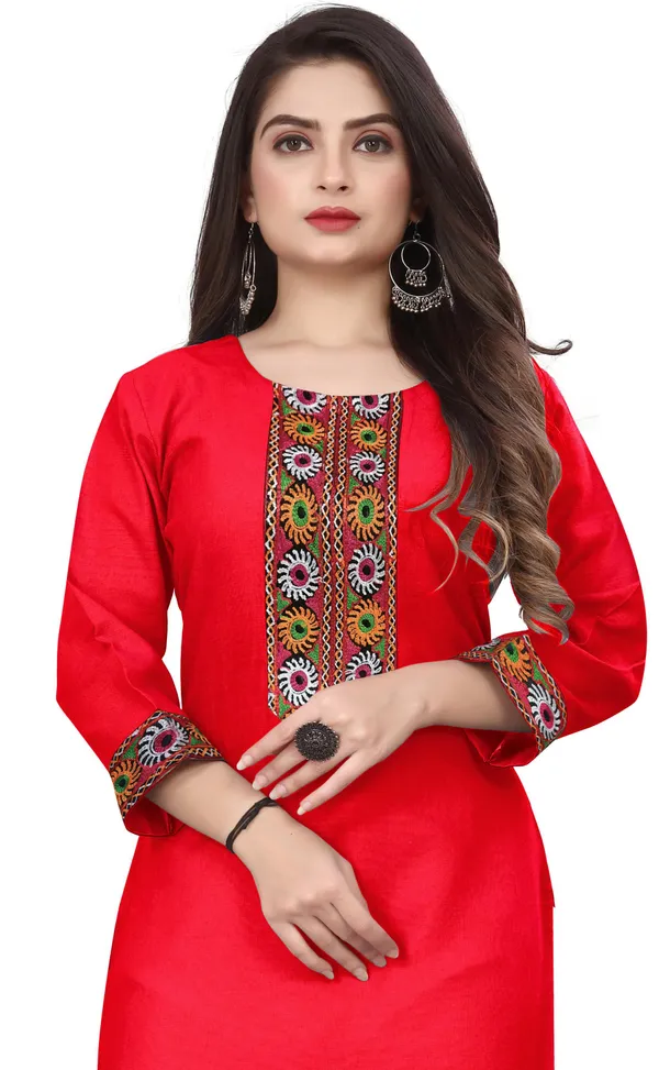Hf_Holyday_Fashion_Cotton_Silk_Plain_Straight_Embroidered_Patch_Work_Kurta_For_Women