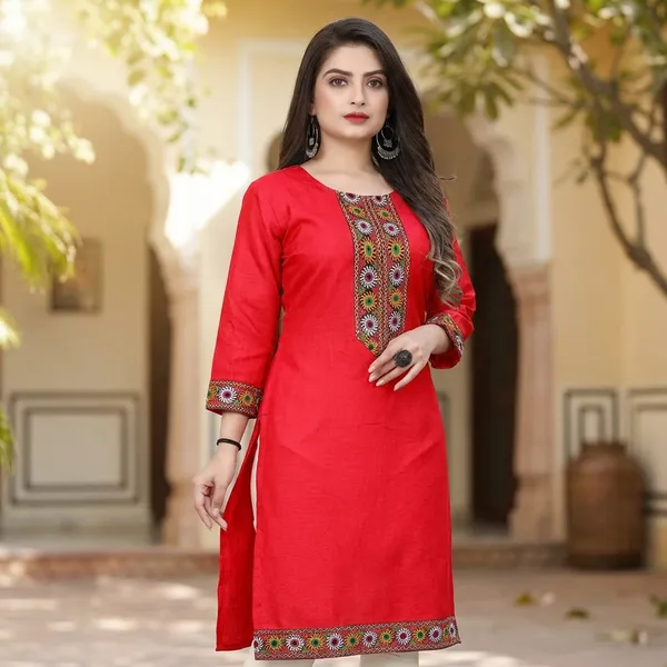 Hf_Holyday_Fashion_Cotton_Silk_Plain_Straight_Embroidered_Patch_Work_Kurta_For_Women