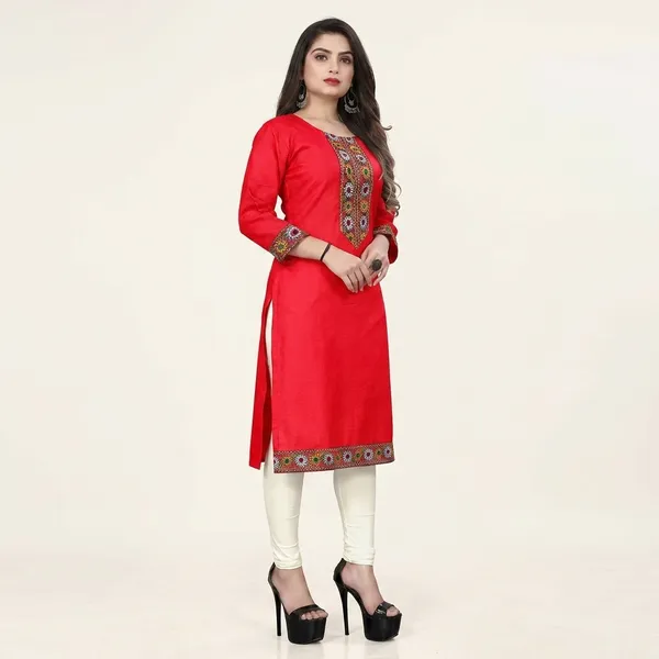 Hf_Holyday_Fashion_Cotton_Silk_Plain_Straight_Embroidered_Patch_Work_Kurta_For_Women