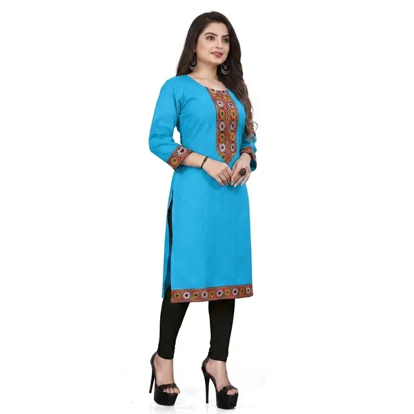 Hf_Holyday_Fashion_Cotton_Silk_Plain_Straight_Embroidered_Patch_Work_Kurta_For_Women