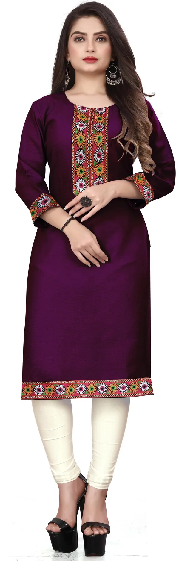 Hf_Holyday_Fashion_Cotton_Silk_Plain_Straight_Embroidered_Patch_Work_Kurta_For_Women