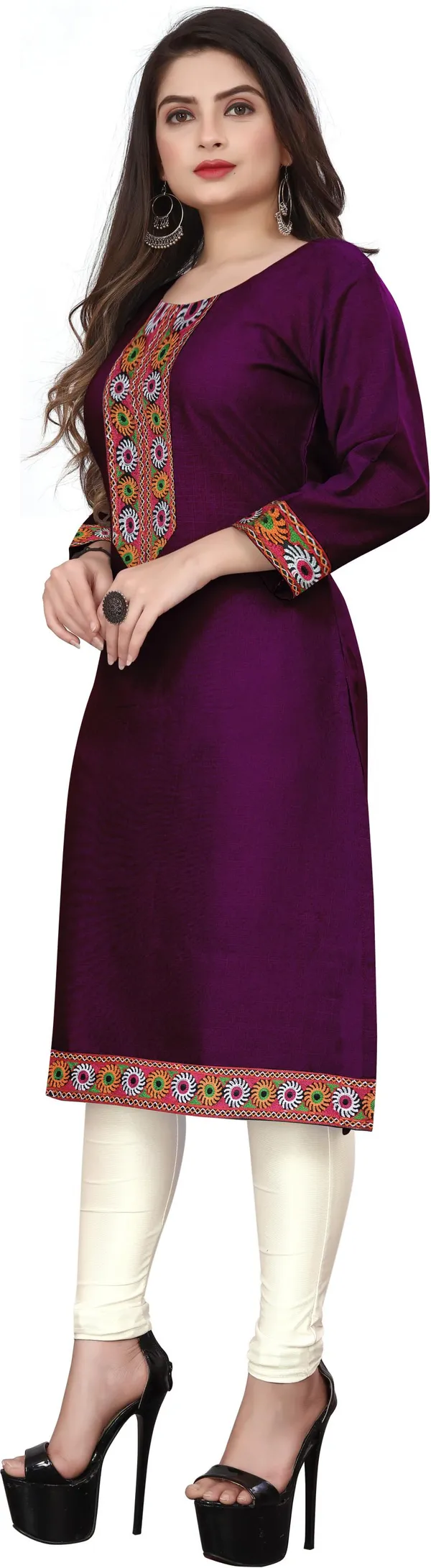 Hf_Holyday_Fashion_Cotton_Silk_Plain_Straight_Embroidered_Patch_Work_Kurta_For_Women
