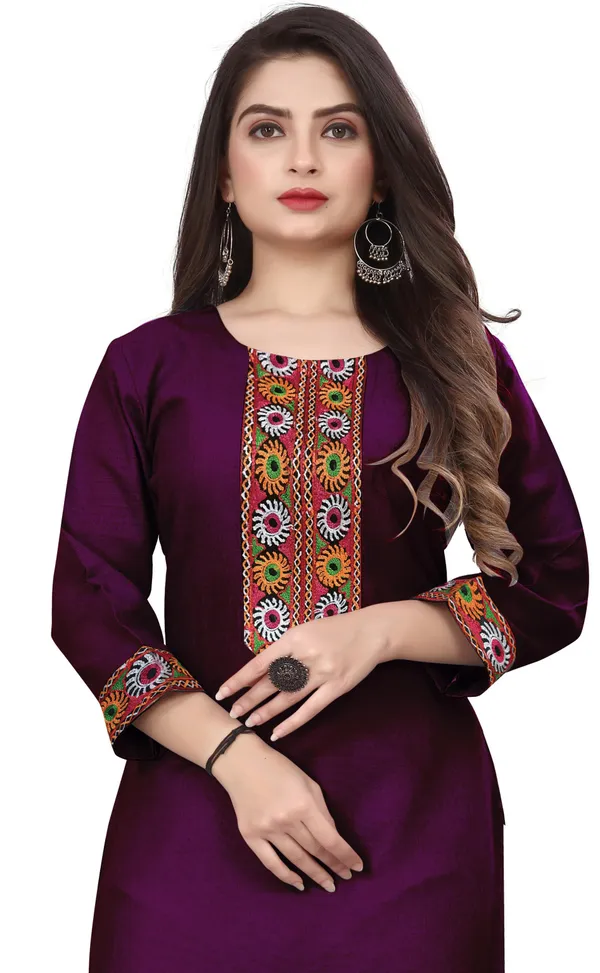 Hf_Holyday_Fashion_Cotton_Silk_Plain_Straight_Embroidered_Patch_Work_Kurta_For_Women