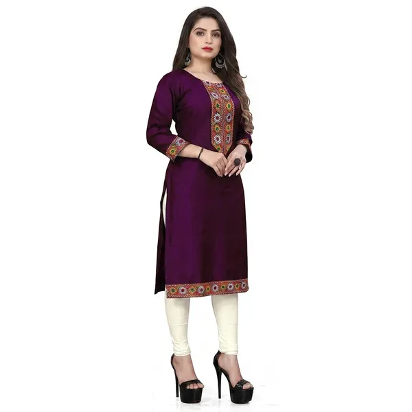Hf_Holyday_Fashion_Cotton_Silk_Plain_Straight_Embroidered_Patch_Work_Kurta_For_Women