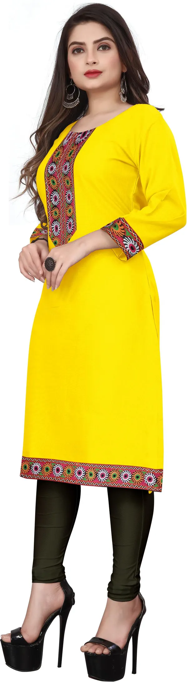 Hf_Holyday_Fashion_Cotton_Silk_Plain_Straight_Embroidered_Patch_Work_Kurta_For_Women