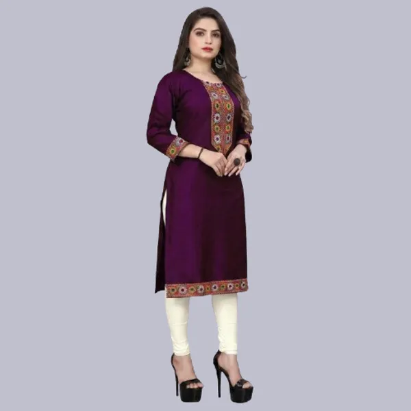 Hf_Holyday_Fashion_Cotton_Silk_Plain_Straight_Embroidered_Patch_Work_Kurta_For_Women