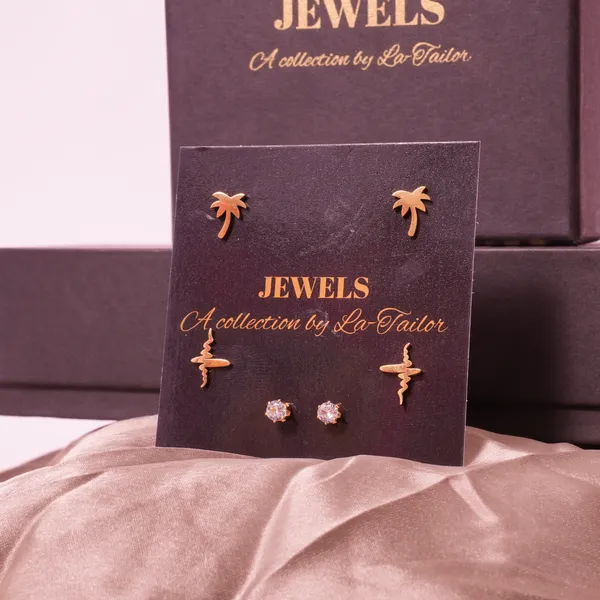 Gold-Toned_Stud_Earrings_Set_-_Pack_of_3_(Palm_Tree,_Hummingbird,_Crystal)