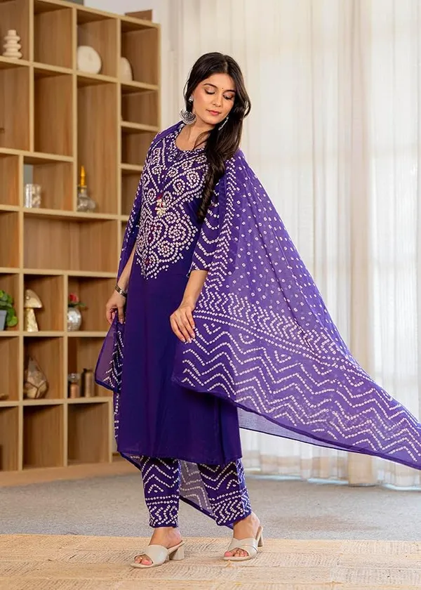 Purple_Bandhani_Print_Kurta_Set_With_Dupatta_For_Women_And_Girls