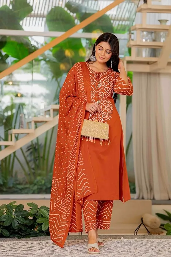 Rust_Bandhani_Print_Kurta_Set_With_Dupatta_For_Women_And_Girls