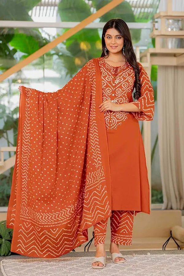 Rust_Bandhani_Print_Kurta_Set_With_Dupatta_For_Women_And_Girls