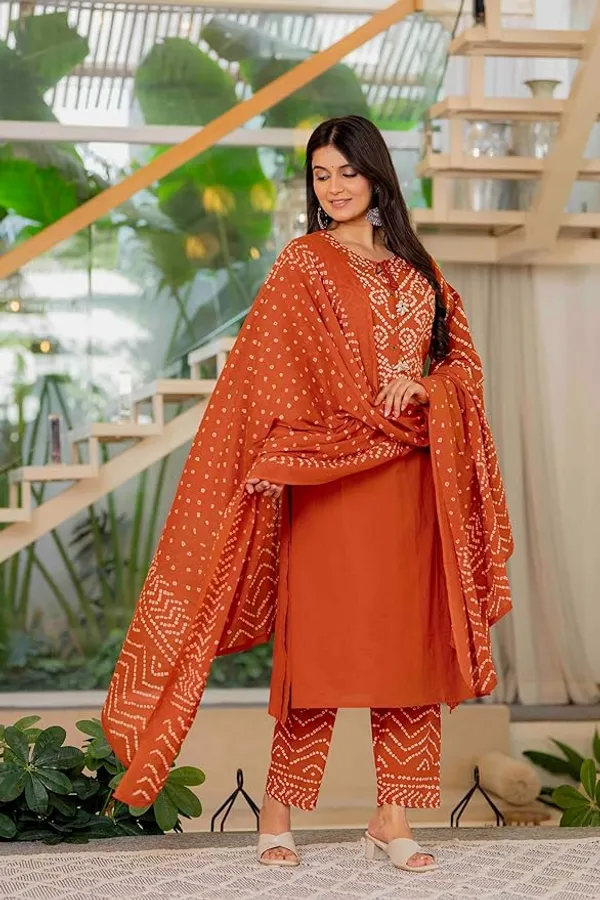 Rust_Bandhani_Print_Kurta_Set_With_Dupatta_For_Women_And_Girls