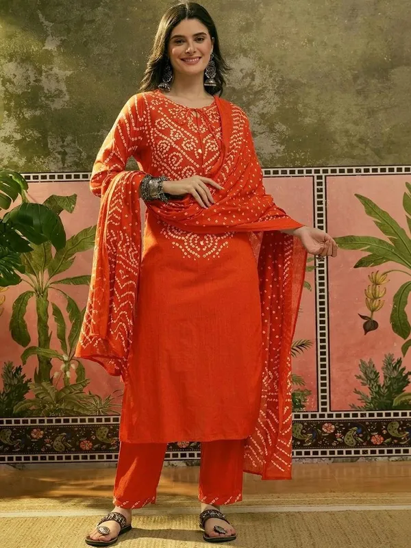 Rust_Bandhani_Print_Kurta_Set_With_Dupatta_For_Women_And_Girls