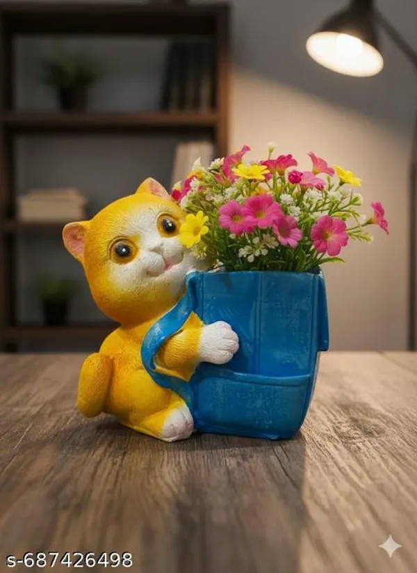 Resin_Cute_Cat_Planter_Showpiece_With_Blue_Pot_Cartoon_Style_Flower_Holder_For_Home_Table_Kids_Room_Decor_Yellow_Colour_Animal_Design_Pot_For_Artificial_Plants