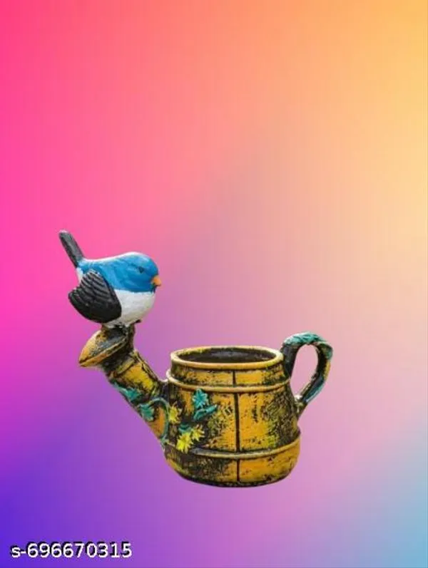 Polyresin_Bird_On_Kettle_Shape_Planter_Multicolour_Tabletop_Flower_Pot_For_Home_Decor_Balcony_Gift_Use_Mini_Resin_Plant_Holder_With_Blue_Bird_Design