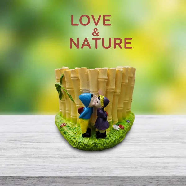 Mini_Resin_Flower_Pot_With_Cute_Couple_Design_Decorative_Planter_For_Table_Desk_Home_Gift_Use_Bamboo_Style_Pot_In_Yellow_Green_Colour