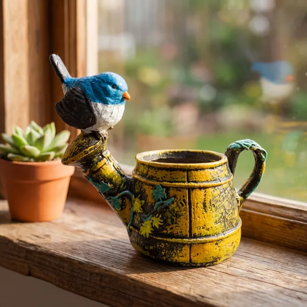 Polyresin_Bird_On_Kettle_Shape_Planter_Multicolour_Tabletop_Flower_Pot_For_Home_Decor_Balcony_Gift_Use_Mini_Resin_Plant_Holder_With_Blue_Bird_Design