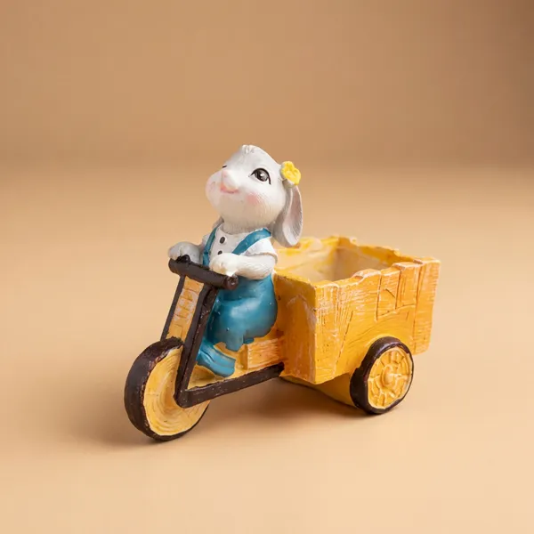 Rabbit_Design_Mini_Planter_Pot_Polyresin_Tricycle_Cart_With_Grey_Bunny_For_Table_Decor_Gifting_Kids_Room_Multicolor_Cute_Holder_For_Plants_Stationery