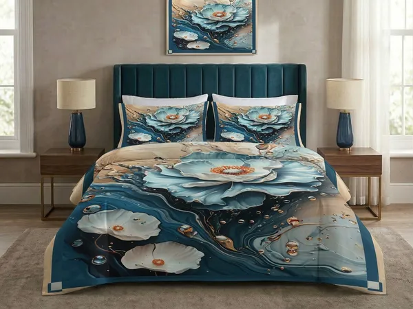 Homiee_Cotton_Blend_Double_Flat_280_Tc_Floral_1_Summer_Bedsheet_With_2_Pillow_Covers_(Dark_Grey_Blue)