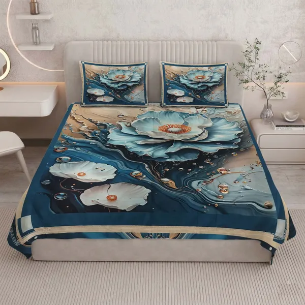 Homiee_Cotton_Blend_Double_Flat_280_Tc_Floral_1_Summer_Bedsheet_With_2_Pillow_Covers_(Dark_Grey_Blue)