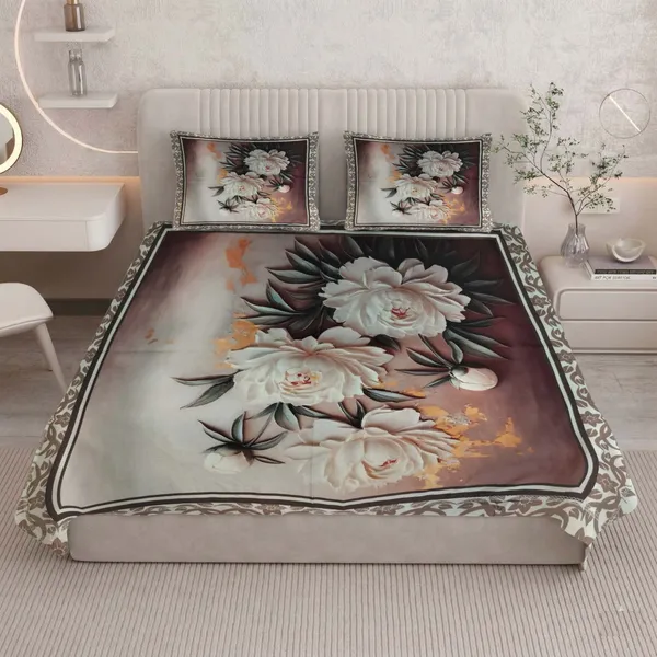 Homiee_Cotton_Blend_Double_Flat_280_Tc_Floral_1_Summer_Bedsheet_With_2_Pillow_Covers_(Brown)