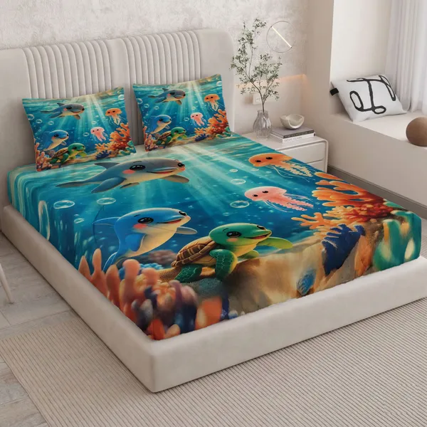 HOMIEE_Cotton_Double_Flat_344_TC_Cartoon_1_Summer_Bedsheet_with_2_Pillow_Covers_(Aqua)