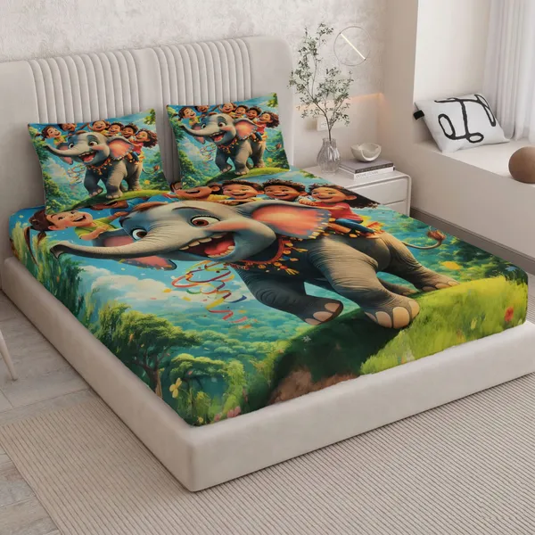 HOMIEE_Cotton_Double_Flat_344_TC_Cartoon_1_Summer_Bedsheet_with_2_Pillow_Covers_(Elephant_Ride)