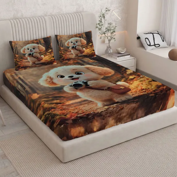 HOMIEE_Cotton_Double_Flat_344_TC_Cartoon_1_Summer_Bedsheet_with_2_Pillow_Covers_(Puppy_Photographer)