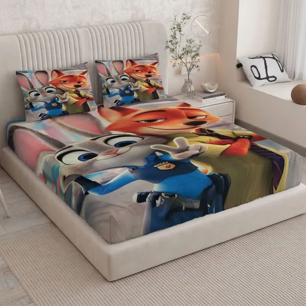 HOMIEE_Cotton_Double_Flat_344_TC_Cartoon_1_Summer_Bedsheet_with_2_Pillow_Covers_(Zootopia)