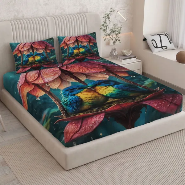 HOMIEE_Cotton_Double_Flat_344_TC_Cartoon_1_Summer_Bedsheet_with_2_Pillow_Covers_(Love_Birds)