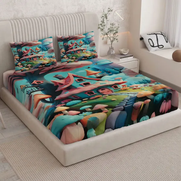 HOMIEE_Cotton_Double_Flat_344_TC_Cartoon_1_Summer_Bedsheet_with_2_Pillow_Covers_(Mushroom_House)