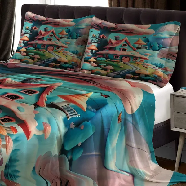 HOMIEE_Cotton_Double_Flat_344_TC_Cartoon_1_Summer_Bedsheet_with_2_Pillow_Covers_(Mushroom_House)