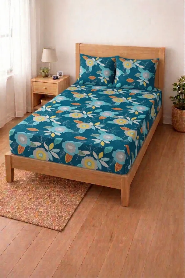 HOMIEE_Cotton_Single_Flat_244_TC_Floral_1_Summer_Bedsheet_with_2_Pillow_Covers_(Blue)