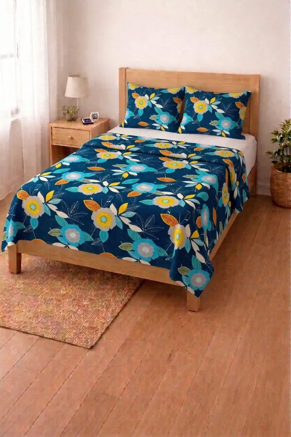HOMIEE_Cotton_Single_Flat_244_TC_Floral_1_Summer_Bedsheet_with_2_Pillow_Covers_(Blue)