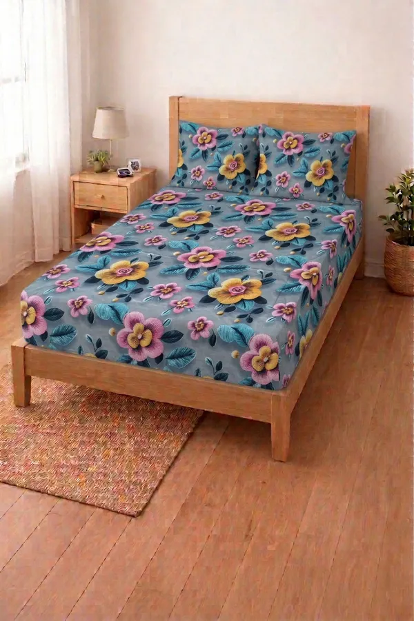 HOMIEE_Cotton_Single_Flat_244_TC_Floral_1_Summer_Bedsheet_with_2_Pillow_Covers_(Grey)
