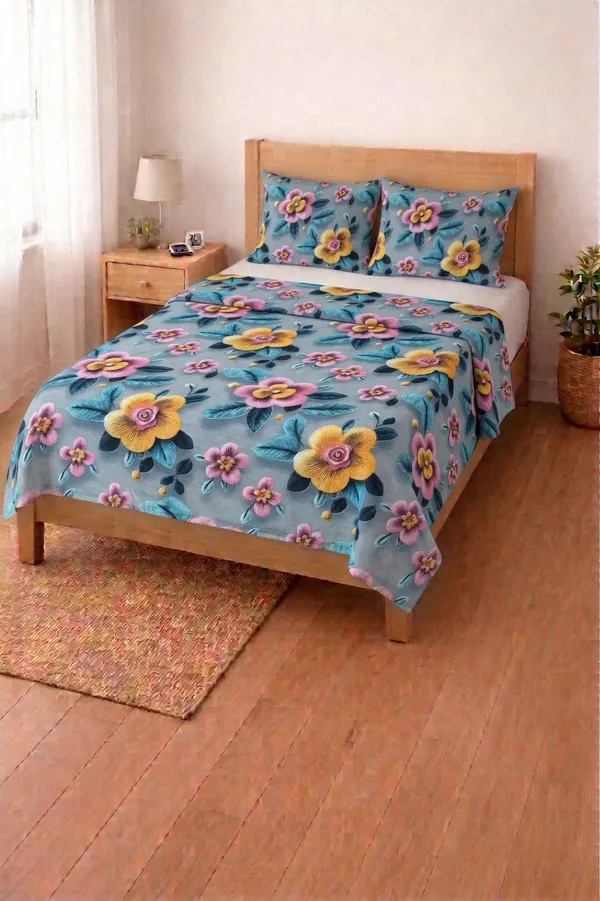 HOMIEE_Cotton_Single_Flat_244_TC_Floral_1_Summer_Bedsheet_with_2_Pillow_Covers_(Grey)