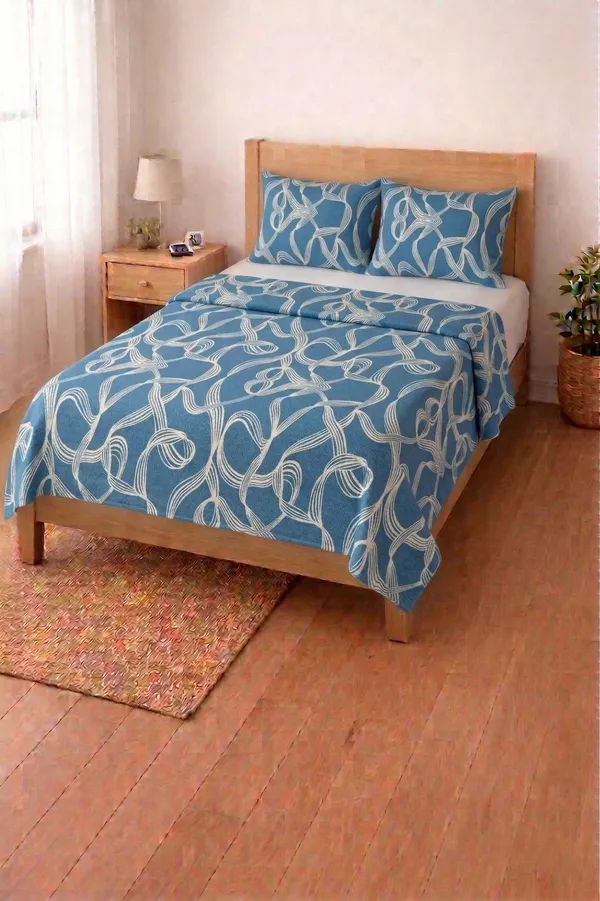 HOMIEE_Cotton_Single_Flat_244_TC_Floral_1_Summer_Bedsheet_with_2_Pillow_Covers_(Metallic_Blue)